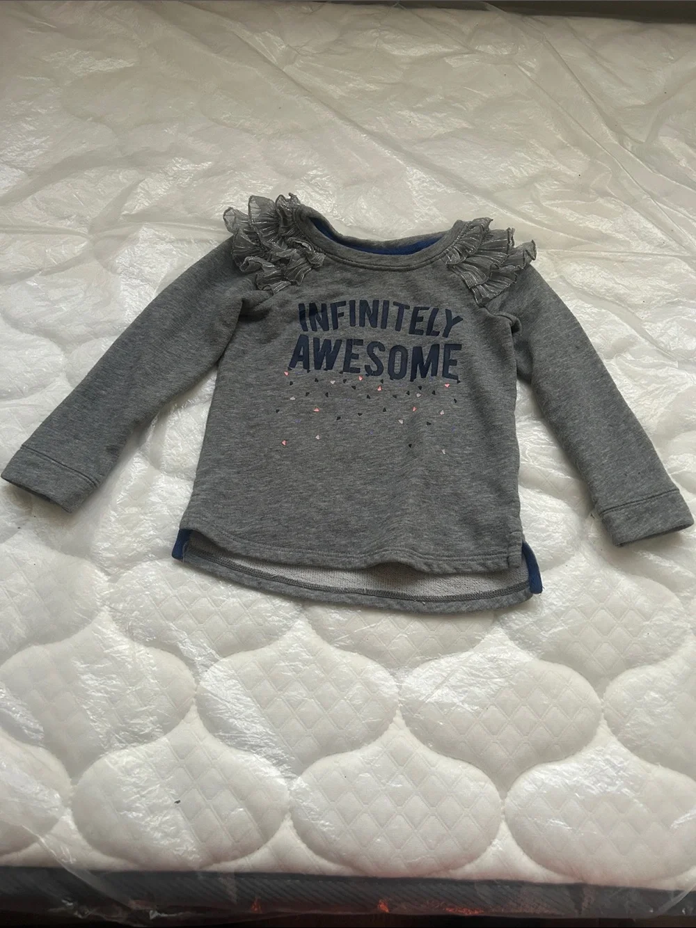 Cat & Jack Gray Ruffle Shoulder 'Infinitely Awesome' Sweatshirt with Navy Print